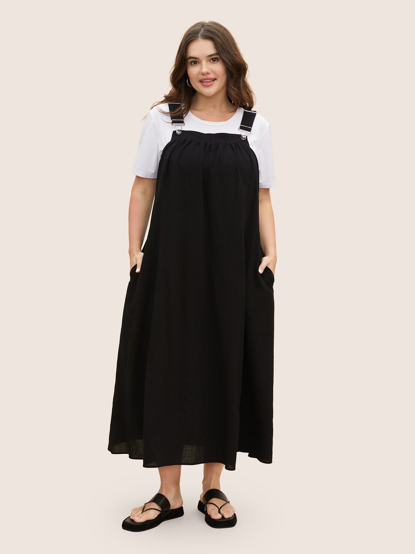 Cotton Solid Adjustable Straps Pocket Midi Dress