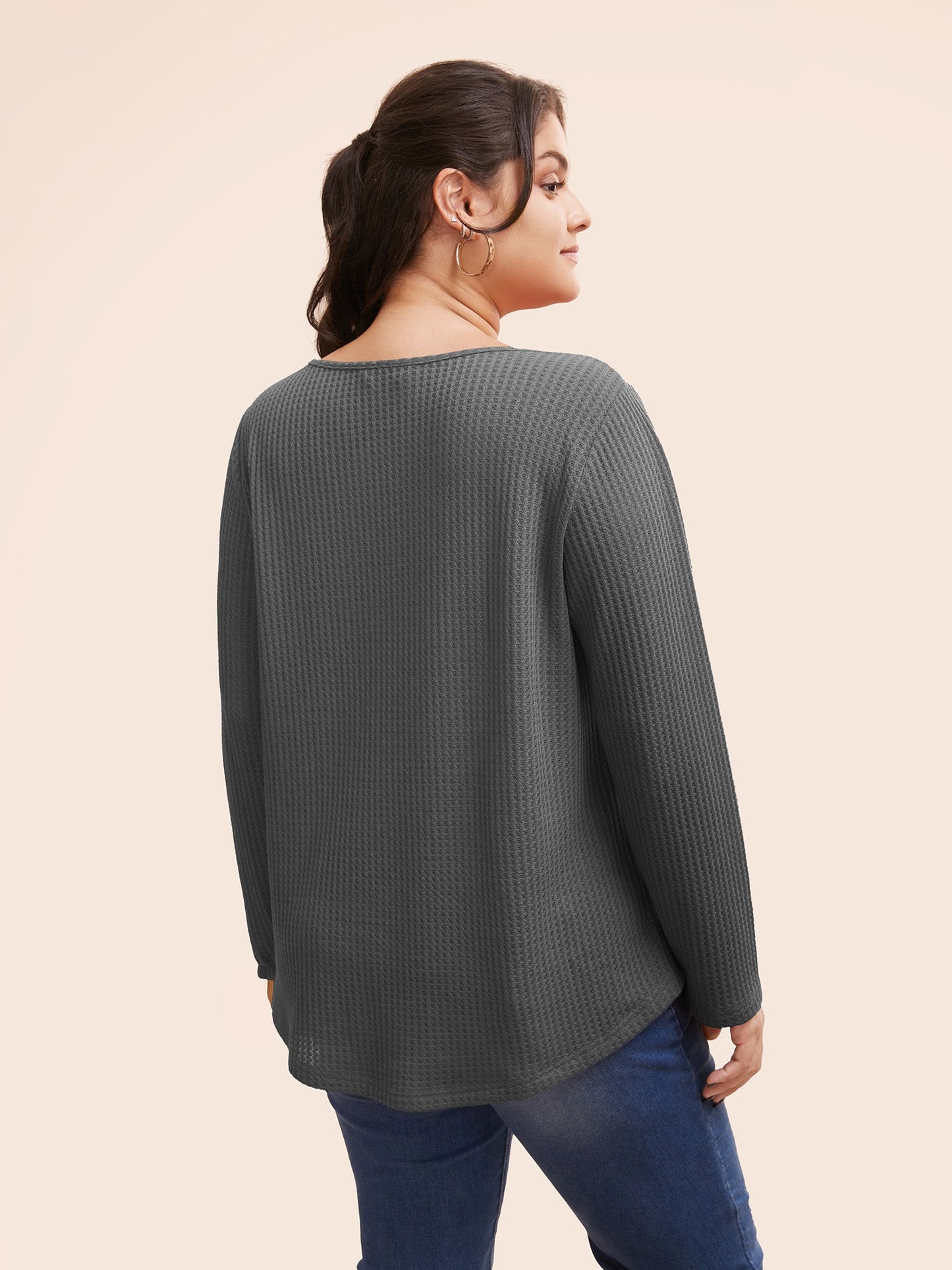 Plain Waffle Knit Scoop Neck Plicated Detail T-shirt