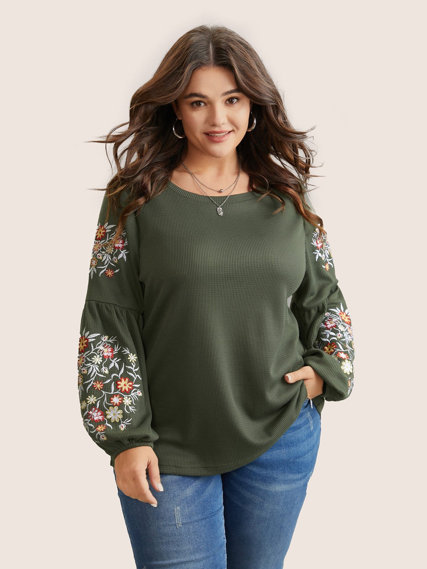 Waffle Knit Floral Embroidered Lantern Sleeve T-shirt