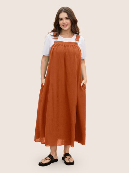 Cotton Solid Adjustable Straps Pocket Midi Dress