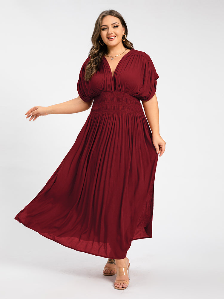 V-Neck Batwing Sleeve Pocket Ruched Waist Maxi Dress