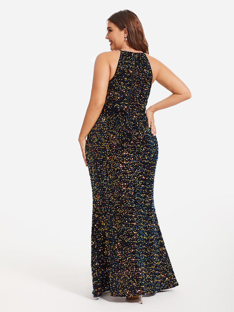 Halter Neck Split Thigh Sequin Maxi Dress