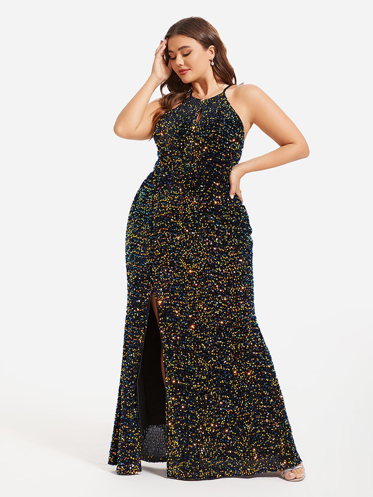 Halter Neck Split Thigh Sequin Maxi Dress