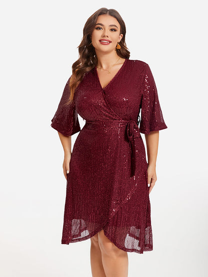 V-Neck Belted Tulip Hem Sequin Midi Dress