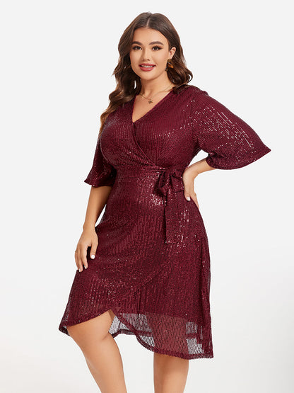 V-Neck Belted Tulip Hem Sequin Midi Dress