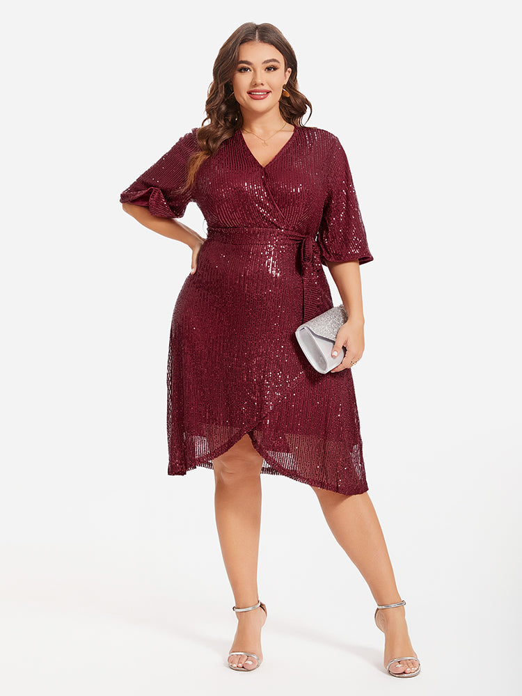 V-Neck Belted Tulip Hem Sequin Midi Dress