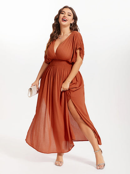 V-Neck Batwing Sleeve Pocket Ruched Waist Maxi Dress