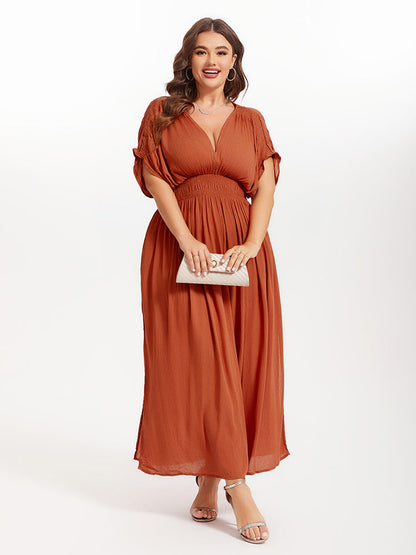 V-Neck Batwing Sleeve Pocket Ruched Waist Maxi Dress