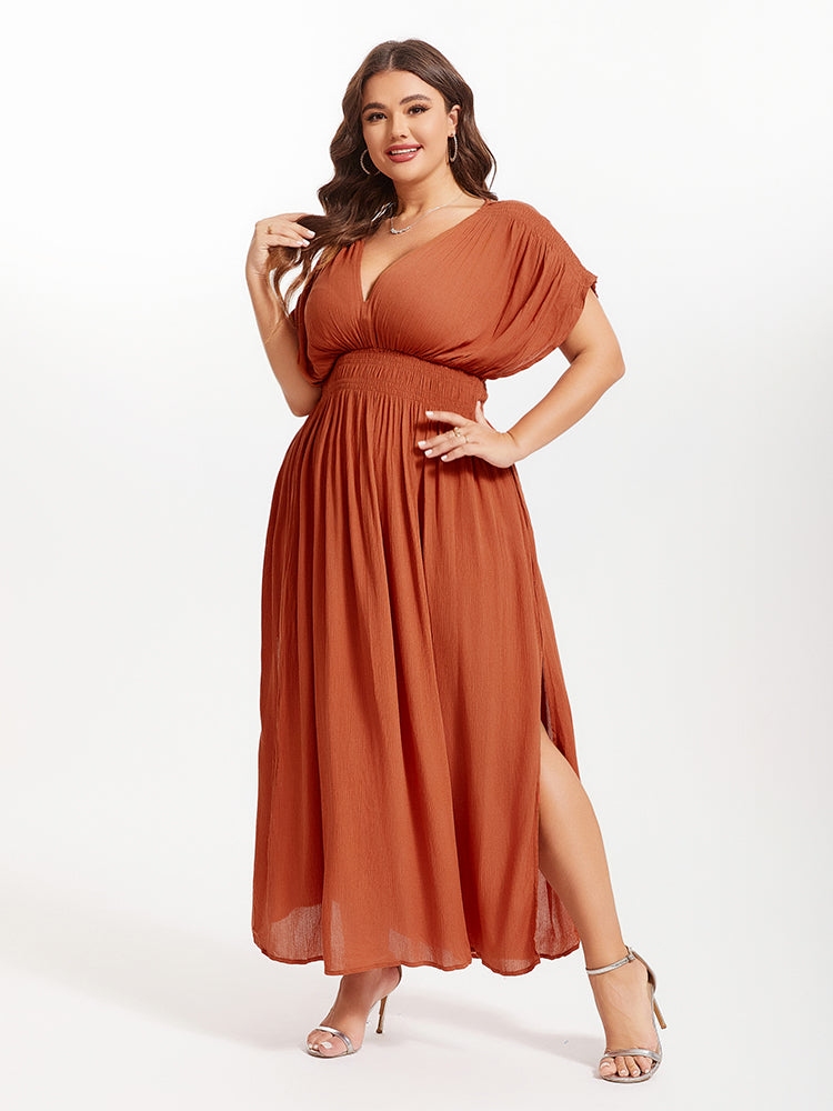 V-Neck Batwing Sleeve Pocket Ruched Waist Maxi Dress