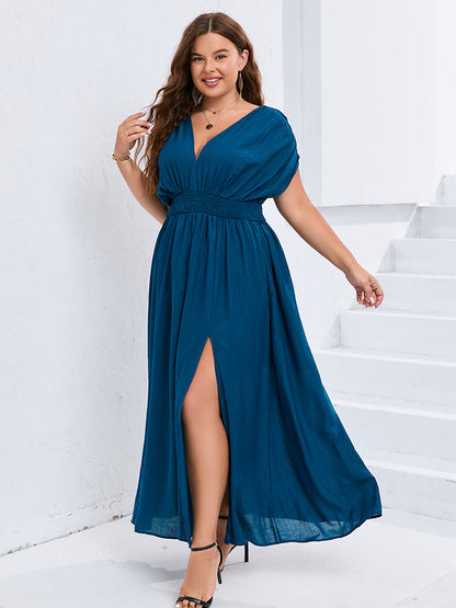 V-Neck Dolman Sleeve Ruched Split Pocket Maxi Dress