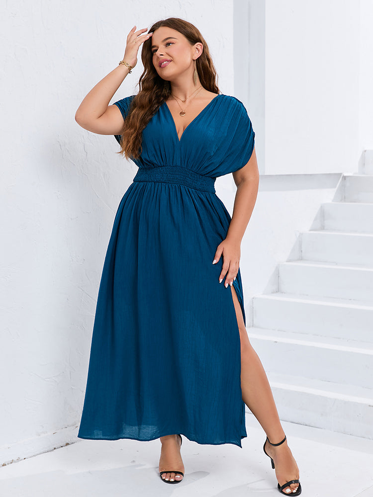 V-Neck Dolman Sleeve Ruched Split Pocket Maxi Dress