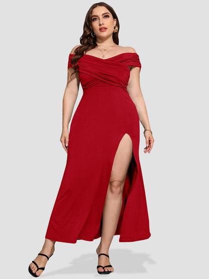 Plus Ruched Crisscross Slit Mermaid Maxi Dress