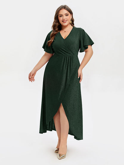 V-Neck Ruffle Sleeve Split Glitter Maxi Dress