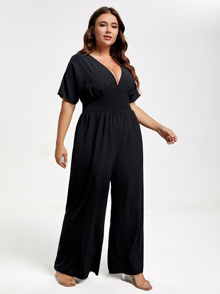 Plus V Neck Dolman Sleeve Pocket Shirred Wide Leg Jumpsuit