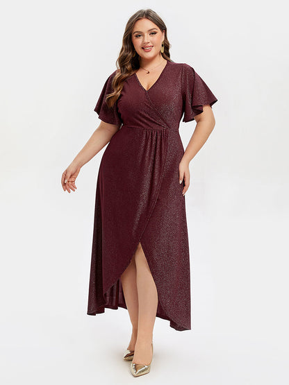 V-Neck Ruffle Sleeve Split Glitter Maxi Dress