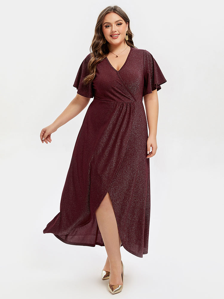 V-Neck Ruffle Sleeve Split Glitter Maxi Dress