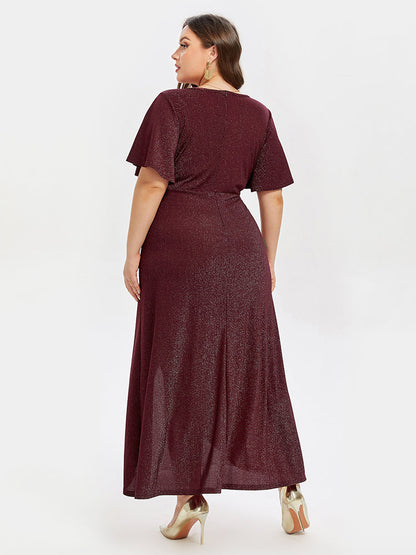 V-Neck Ruffle Sleeve Split Glitter Maxi Dress