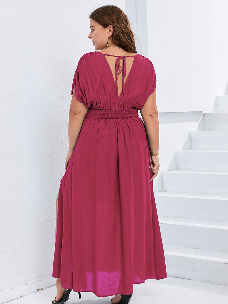 V-Neck Dolman Sleeve Ruched Split Pocket Maxi Dress