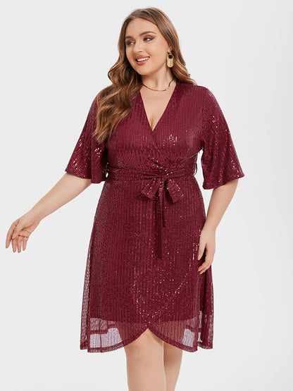 V-Neck Belted Tulip Hem Sequin Midi Dress