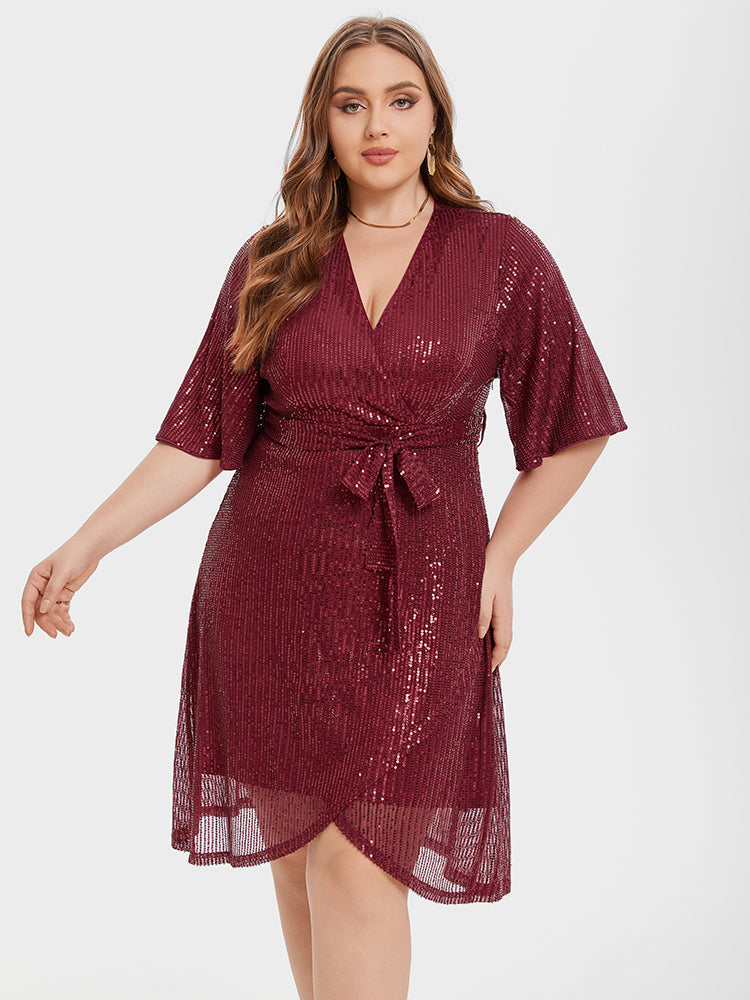 V-Neck Belted Tulip Hem Sequin Midi Dress