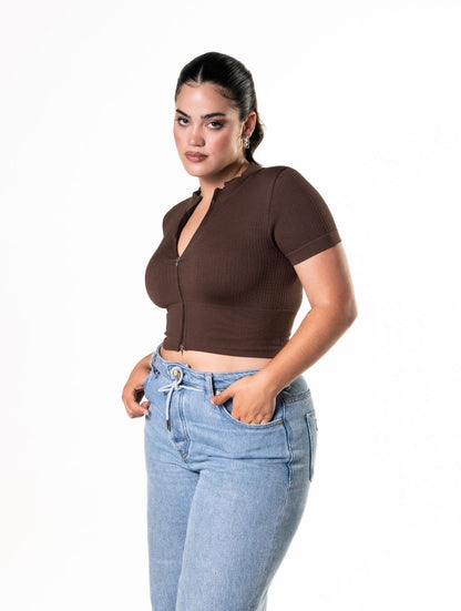 Seamless Geribbelde Crop Top met korte mouwen