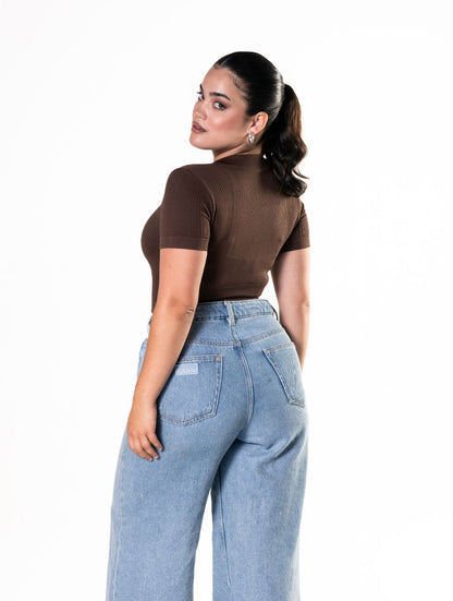 Seamless Geribbelde Crop Top met korte mouwen